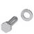 Metal screw and washer, arranged side by side.