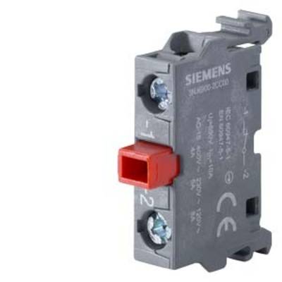 A grey Siemens electrical switch with a red lever, model designation '3TC10', shows connection terminals and electrical specifications.