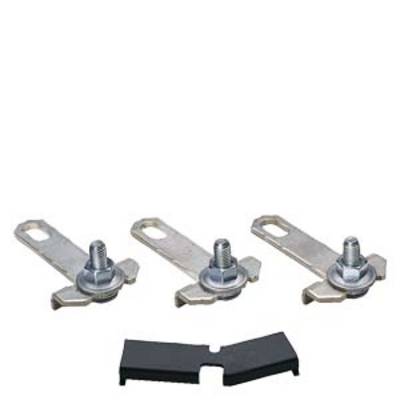 Three metal rails with screws and nuts, along with a black plastic component underneath. Parts for mechanical fixings.