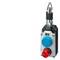 An emergency stop switch with a red illuminated button and large blue button, suitable for safety devices on machines or plant equipment.