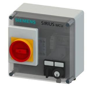 Switchboard with a large, red emergency stop switch and black control elements. Label reading 'SIEMENS SIRIUS MCU'.