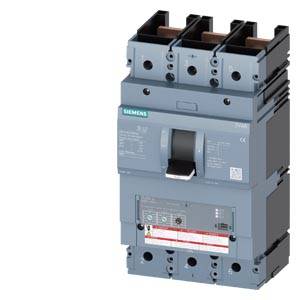Siemens circuit breaker, three-pole, Model 3VA, grey housing, suitable for industrial power distribution.