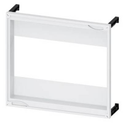 A rectangular, white frame with transparent surfaces and black fastening elements at the corners, presumably a picture frame.
