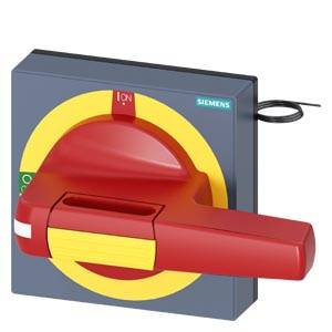 A red emergency stop switch on a grey background with a yellow circle and adhesive seal. Switch is set to 'On'. Brand logo visible.