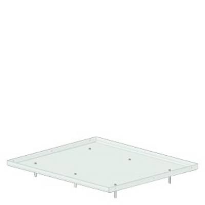 Glass plate with a square shape, mounted on short metal supports.