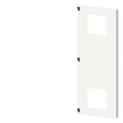 A white rectangular plastic plate with two square cut-outs and black fixing elements at the corners.