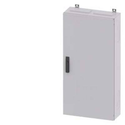 A grey metal control cabinet with a black handle, rectangular in shape, mountable, used for housing electrical components.