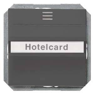 Black card holder with the inscription 'Hotelcard', built into a wall, likely used to control electricity in hotel rooms.