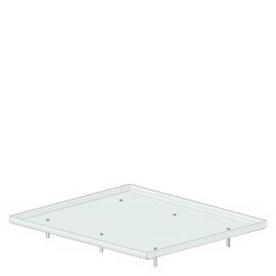 Rectangular glass plate with metal supports; minimalist design for furniture or architecture.