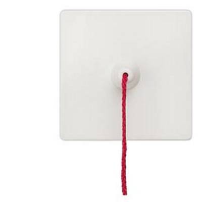 A white square hook with a red string hanging down in the middle.