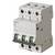 A three-pole circuit breaker by Siemens, model 5SJ4 C16. Switches are set to 'ON' position.
