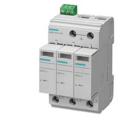 A three-pole surge protection device by Siemens, model SSD7 475 1CC, with a green connection block on top and voltage values printed on it.