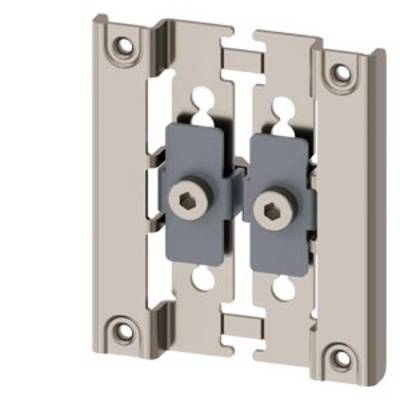 Metallic mounting bracket with two grey, hexagonal nuts in the centre. Four holes at the corners for fastening purposes.