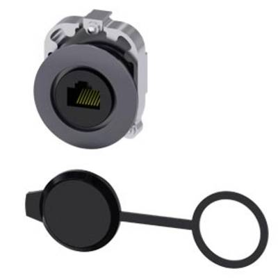 A round, silver socket with a cover, similar to an Ethernet port. Black lid with a ring next to the socket.