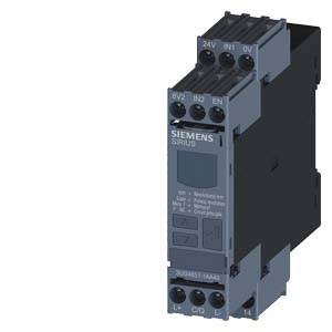 A grey, vertical Siemens Sirius component with connections and labelling. It displays power and control terminals.