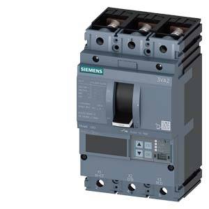 A three-pole Siemens circuit breaker, model 3VA2, used for protecting and controlling electrical circuits.