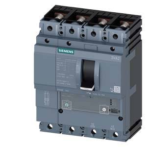 A grey Siemens circuit breaker with a black lever, four terminals at the top and bottom. Model number '3VA2' printed on it.