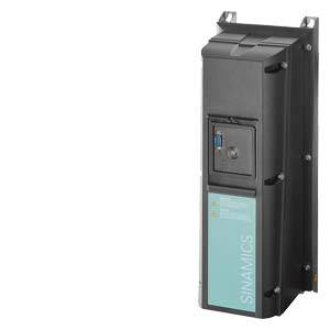Industrial drive called 'SINAMICS', vertically mounted, with a black housing and turquoise labelling on the left side.