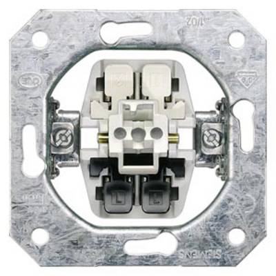 Metal mounting plate for an electrical light switch, with visible switching mechanisms and screw fixings for wall mounting.