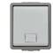 A grey, square light switch with a small transparent sliding element at the bottom, suitable for indoor and outdoor use.