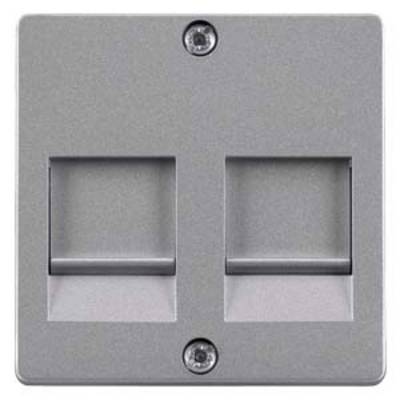 Two empty square electrical sockets in a silver metal plate, mounted in a wall.