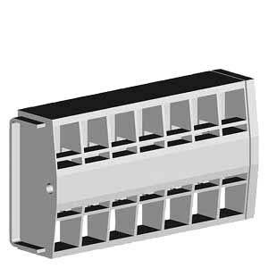 A grey plastic clip with rectangular openings, possibly a connecting element for electrical or mechanical purposes.