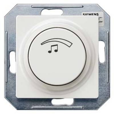 A white round light switch with a music symbol on it, mounted on a square metal plate.