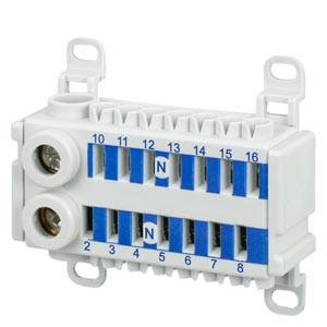 Single white distribution block with blue stripes, numbered terminal connections, and marked with 'N'. Suitable for electrical installations.
