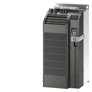 A black industrial power converter, vertically oriented, with ventilation slots at the top and green connection terminals on the right side.