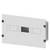 Metal plate with rectangular cut-outs and screws at the corners, potentially part of a technical device or enclosure.