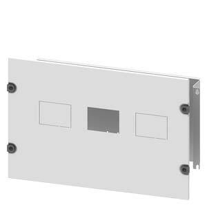 White, rectangular metal plate with two square and one rectangular cutout in the centre, mounted with four screws.