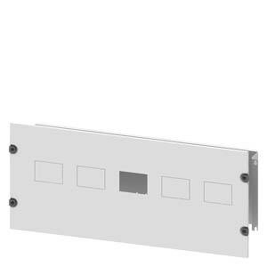 A rectangular metal part with five square cut-outs, four small and one larger in the centre, bolted at each corner.