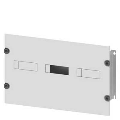 A grey rectangular plate with cutouts in the middle and on both sides. It is held in place by six black screws.