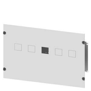 A rectangular metal plate with five square cut-outs, one of which is smaller and a different colour, secured with eight screws.