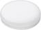 A white, round plastic container with a smooth lid, lying on a neutral surface.