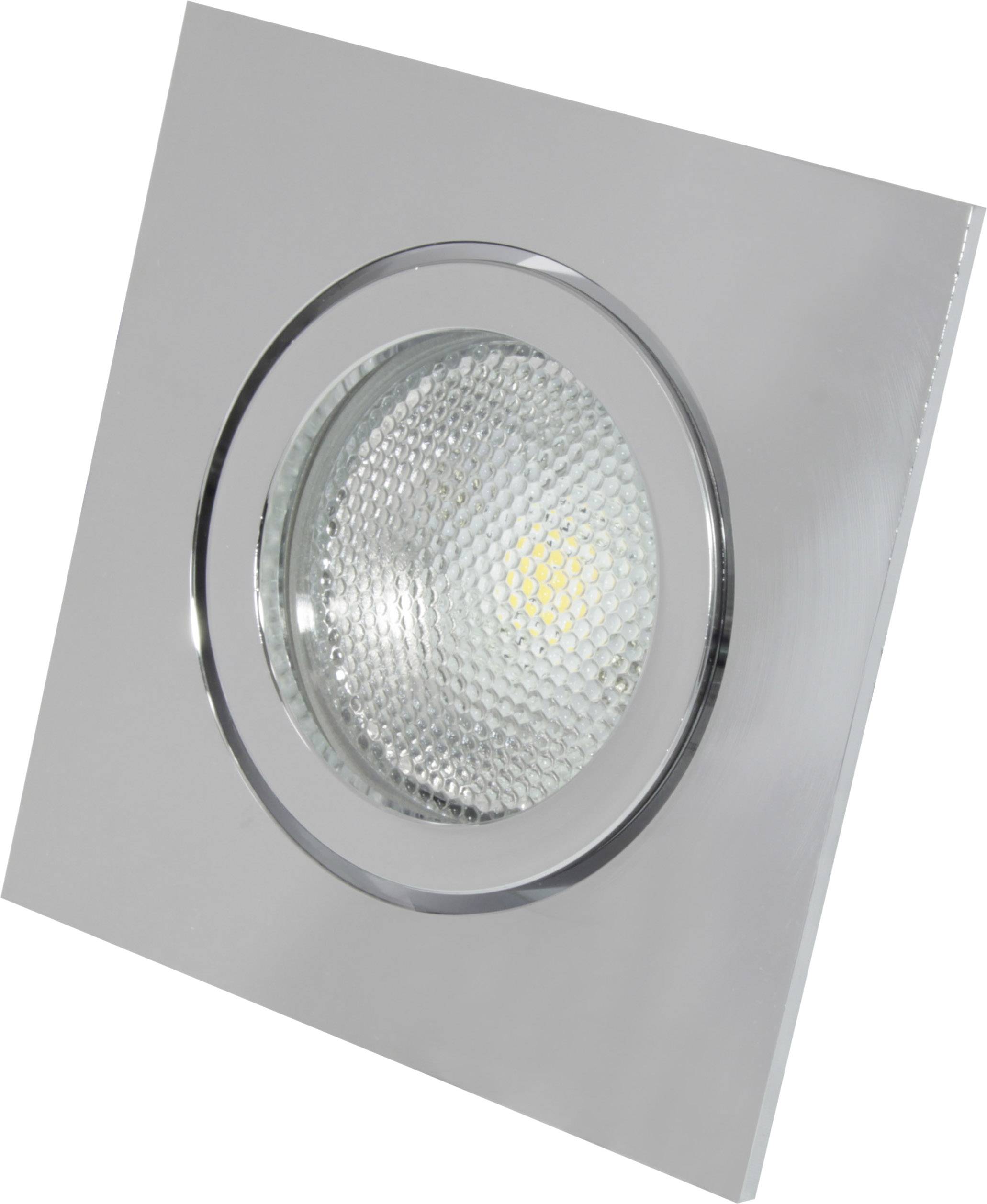 Square LED spotlight in silver finish, recessed into a smooth surface, displays a circular lamp with a clear, structured cover.