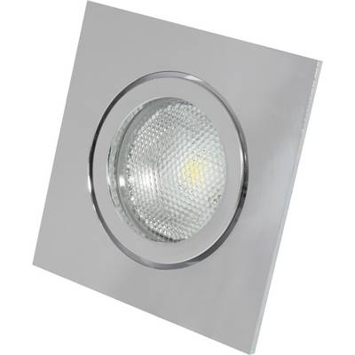 Square LED spotlight in silver finish, recessed into a smooth surface, displays a circular lamp with a clear, structured cover.