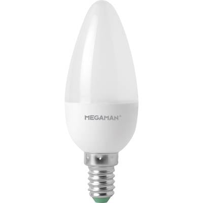 A LED candle bulb with an E14 socket. It is marked with the inscription 'MEGAMAN'.