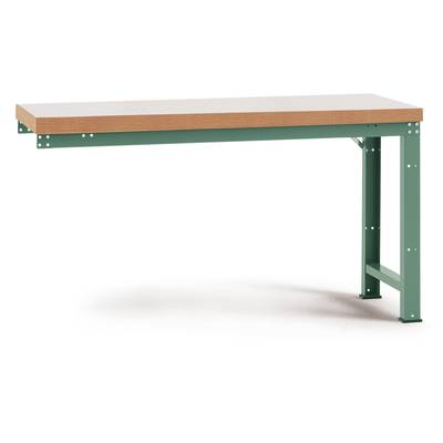 A rectangular table with a green metal frame and a wooden tabletop, with no visible decoration or objects on the surface.