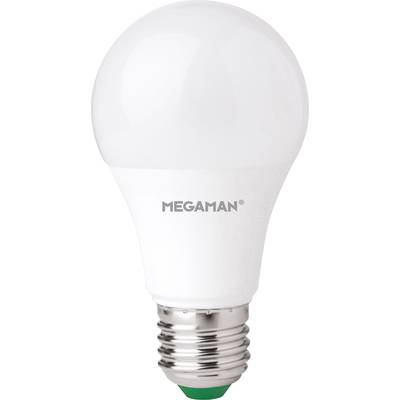 A Megaman LED light bulb, white surface, with screw base at the bottom. Ideal for energy-efficient room lighting.