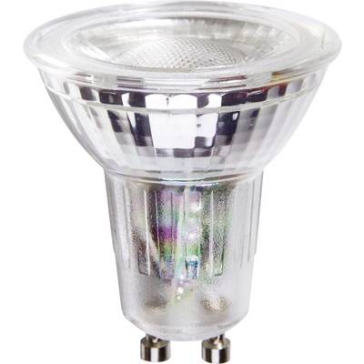 A silver LED spotlight with a glass surface and GU10 base stands upright.