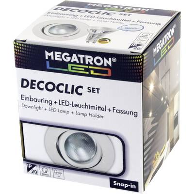 Packaging for a Megatron LED Decoclic Set, containing mounting frame, LED light source and socket. Downlight with IP20 protection rating.