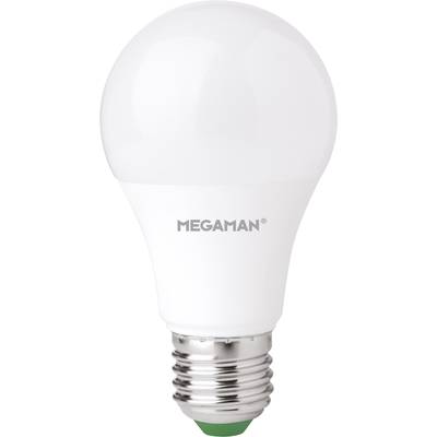 White LED light bulb with E27 screw cap, brand name 'Megaman', against a white background.