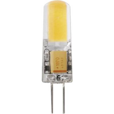LED lamp with transparent casing, yellow illumination area and two metal pins for electrical connection. Suitable for technical applications.
