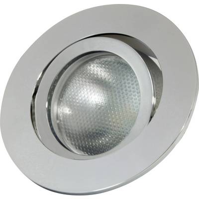 Silver, round recessed light with a curved glass and reflective surface, typical of modern ceiling lighting.