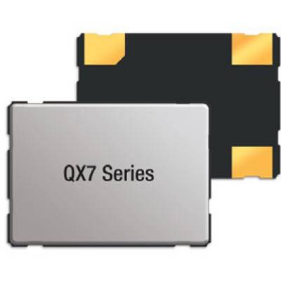 The image depicts a quartz oscillator from the "QX7 Series" with its distinctive design in black and silver, suitable for electronic applications.