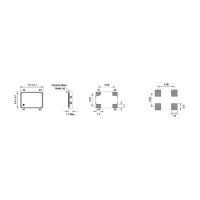 'Diagram of a rectangular electronic component with a ceramic base, metal runners, and dimensions in millimetres.'