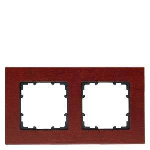 Brown wooden double socket cover with square cutouts for sockets. Suitable for wall mounting.