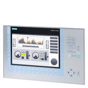 Industrial touchscreen panel with graphics and controls for monitoring and controlling machine processes.