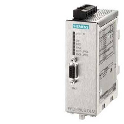 A silver Siemens PROFIBUS OLM module with multiple connection options. It is an industrial communication device.